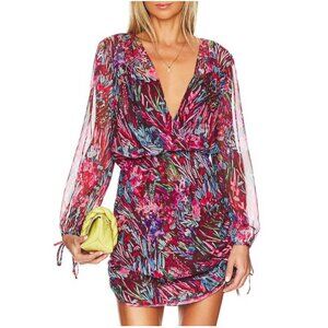 Amanda Uprichard Amani Floral Chiffon Long Sleeve Surplice V-neck Mini Dress XS